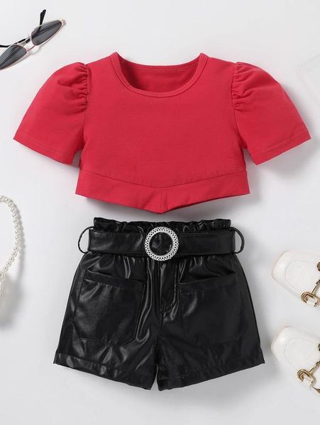 

toddler girls puff sleeve & paperbag waist belted pu shorts she, White