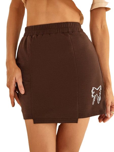 

bow print asymmetrical hem skirt 47ba#, Black