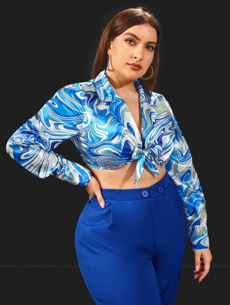 

plus marble print knot front crop satin blouse z689#, Black