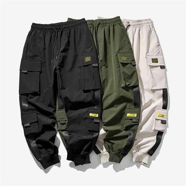

hip hop joggers cargo men harem multipocket ribbons man sweatpants streetwear casual mens pants s5xl 220705, Black