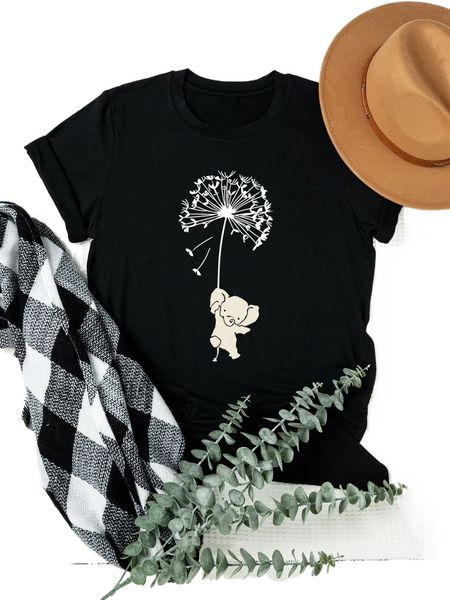 

plus dandelion & cartoon print tee d57r#, Black