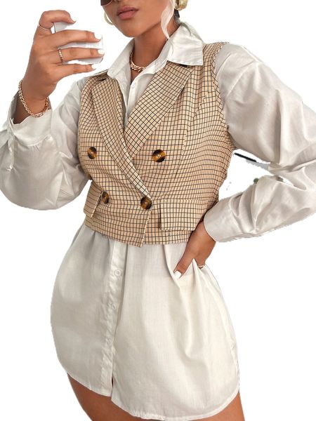 

plaid print double breasted vest blazer 62rl#, White