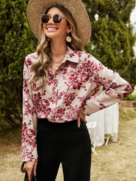 

floral print button front blouse y3dg#, White