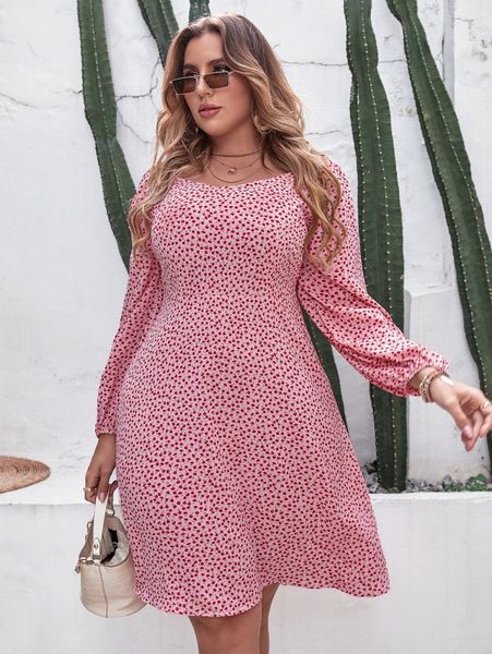 

plus ditsy floral bishop sleeve a-line dress g5qx#, Black