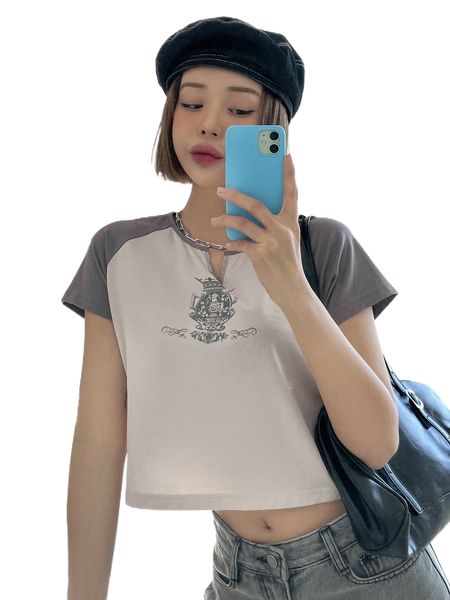 

dazy crown print notched neckline raglan sleeve two tone tee n1dw#, White