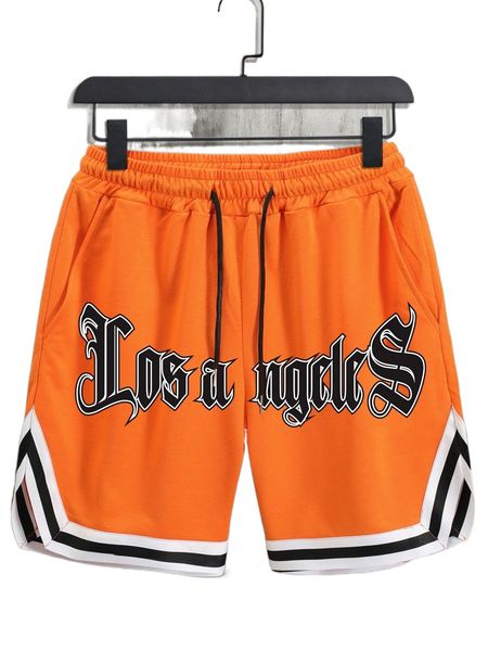 

men letter graphic contrast trim drawstring waist shorts h8oi#, White;black