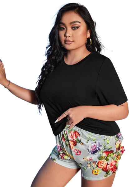 

plus floral print pj set r02c#, Black;white