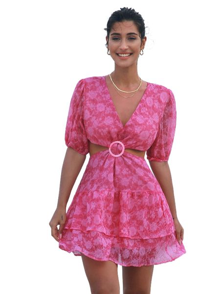 

f.loral print r.ing linked cut out l.ayered h.em d.ress m9bh#, Black;gray