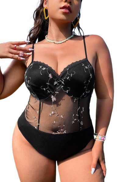 

plus floral embroidered bow detail mesh cami bodysuit i5gv#, Black