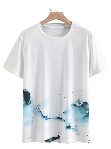 

men scenery print tee t42y#, White;black