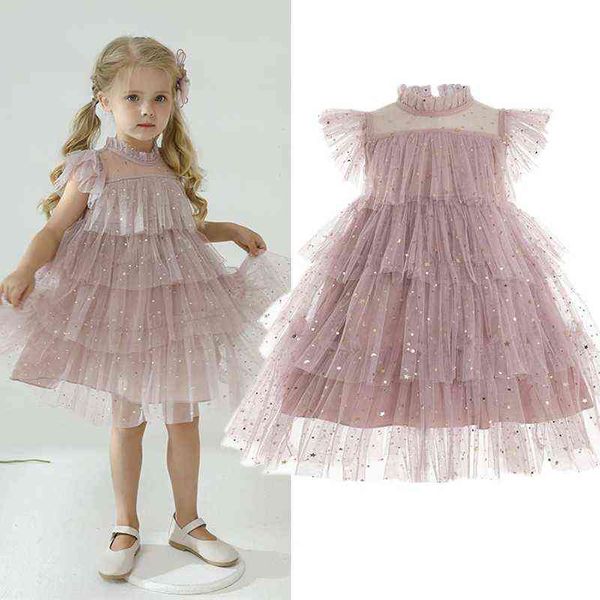 Kleine Mädchen Kausalen Spitzenkleid Fliegende Ärmel Solide Party Kleidung Kinder Sommer Blumenmädchen Kleid Prinzessin Kleid Für 3-8Y Mädchen G220428