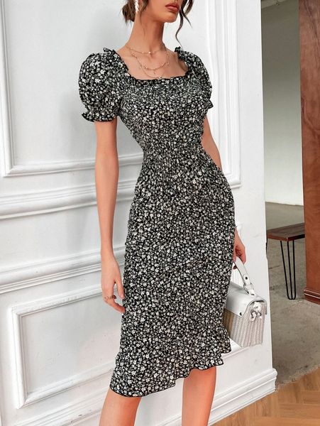 

ditsy floral puff sleeve shirred bodycon dress r7wx#, Black;gray