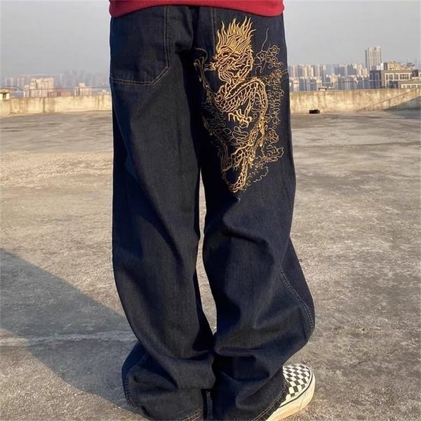 

retro street skateboarding street dance loose chinese dragon embroidered high waist jeans womens daddy mopping jeans womens 220701, Blue