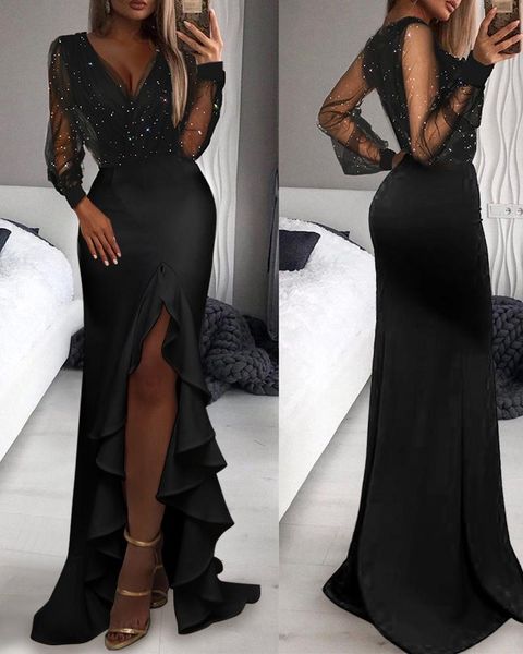 Abiti casual Donna Glitter Sheer Mesh Ruffle Hem Prom Dress 2022 Femme Elegante Split Coscia Party Robe Lady Abbigliamento da seraCasual