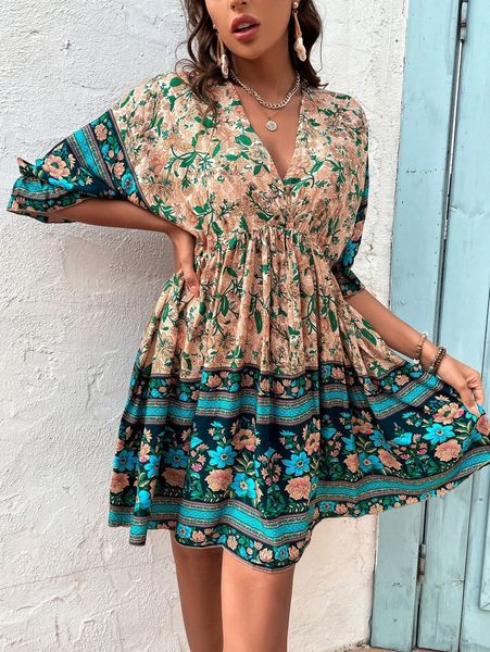 

floral print dolman sleeve flounce cuff dress q3yd#, Black;gray