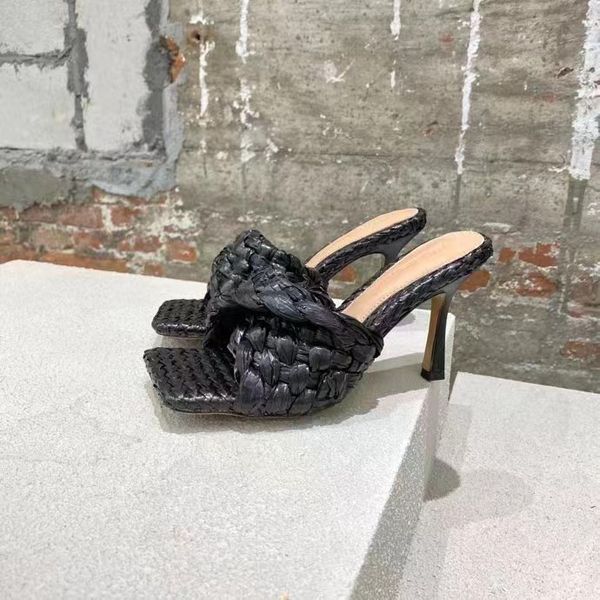 

european roman summer slipper lafite grass women's shoes scuffs high-heeled bread slippers, with rhombic weaving style design, fashiona, Black