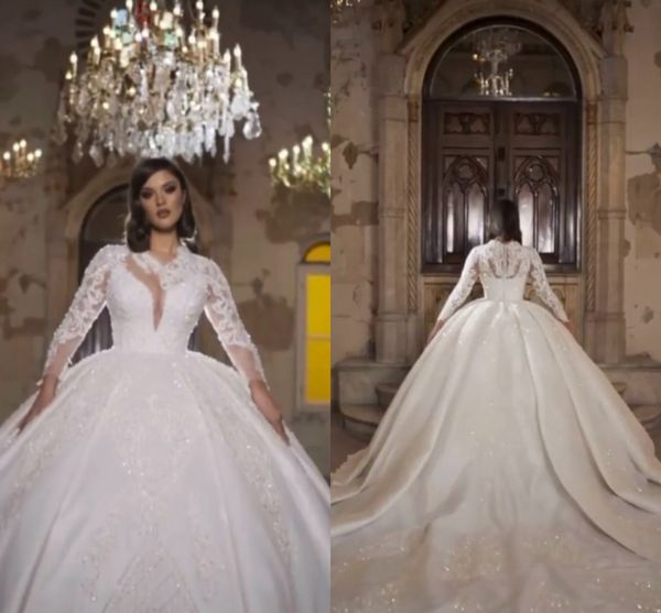 

luxury glitter wedding dresses deep high neck long sleeves gorgeous dubai bridal gown bling sequins crystal party gowns robe de mariÃ©e, White