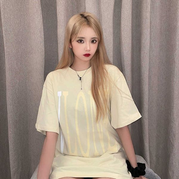 

2021 newvlons short sleeve wang yibo same light apricot big v summer oversize men's and women's couple t-shirt, White;black