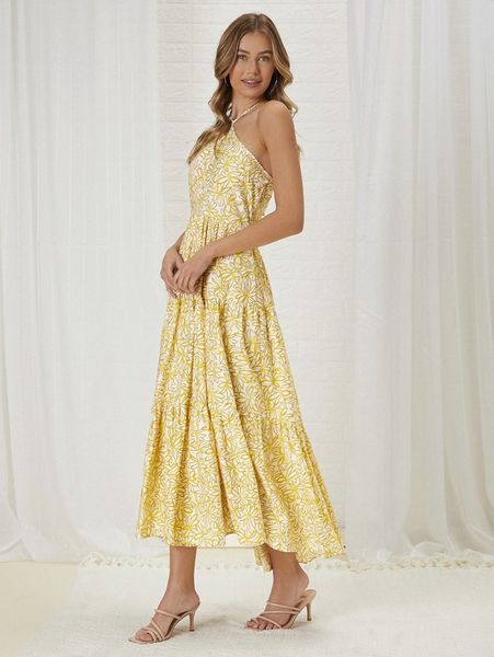 

allover floral print backless ruffle hem halter dress 47fe#, Black;gray