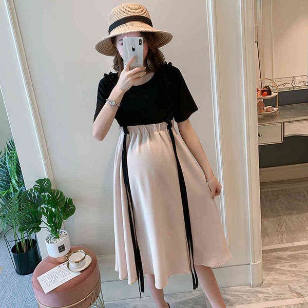 

summer pregnant women noble fashion outing suit stretch thin t-shirt two-piece temperament strap chiffon breastfeeding dress g220309, White