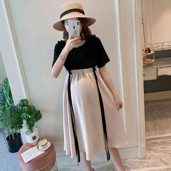 Estate Donne incinte Noble Fashion Outing Suit Stretch T-shirt sottile Due pezzi Temperamento Strap Chiffon Abito da allattamento G220309