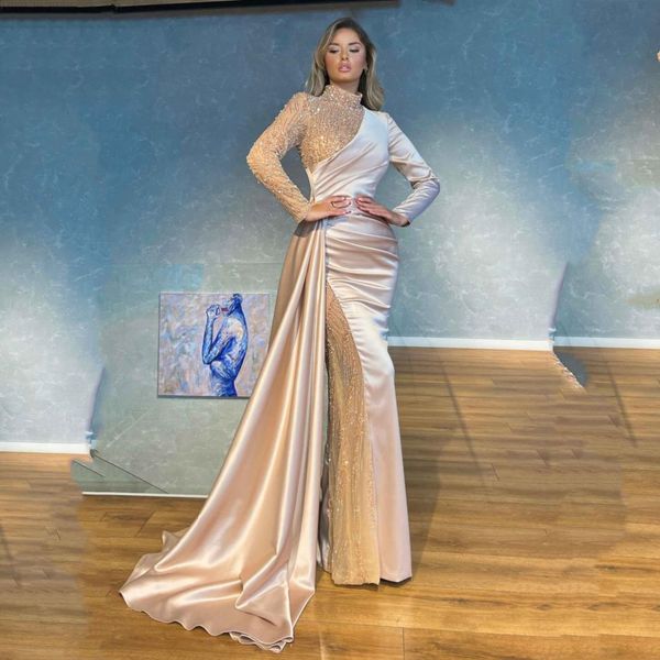 

champagne mermaid prom dresses high neck sequins beads appliques satin long sleeves portrait elegant floor length elegant evening formal dre, Black