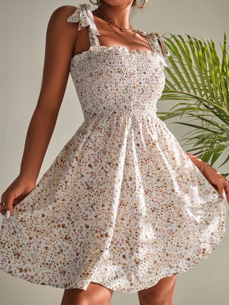 

ditsy floral print tie shoulder shirred cami dress m9i2#, Black;gray
