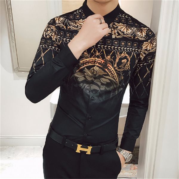 

youth casual printed long-sleeved shirt nightclub style men's korean version 2022 new fashion trend hair stylist business shirt, White;black