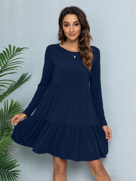 

dearcase solid round neck smock dress u45t#, Black;gray