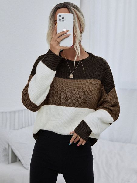

color block drop shoulder sweater r1e6#, White;black