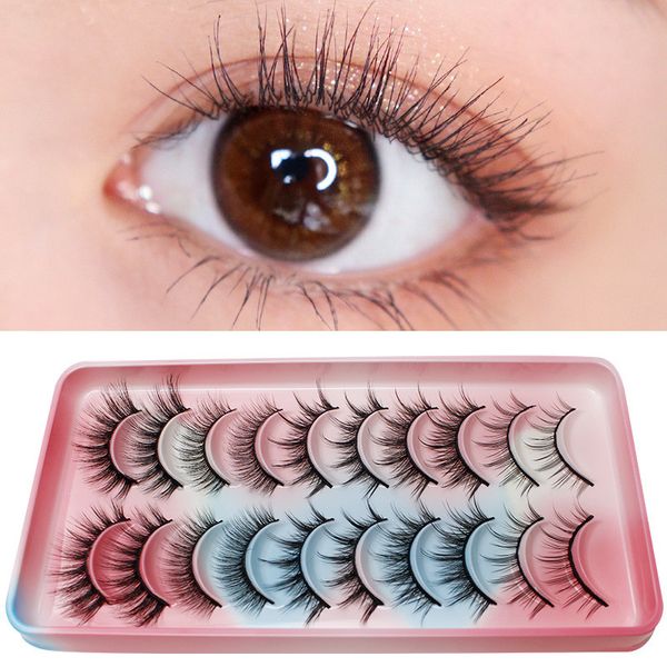 10 Paar natürliche 3D-Wimpern Wispy Faux Nerz Wimpern wiederverwendbare weiche Kreuzwimpernverlängerung mit Regenbogen-Make-up-Tablett