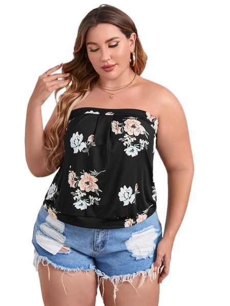 

plus floral print fold pleated tube b4wm#, Black