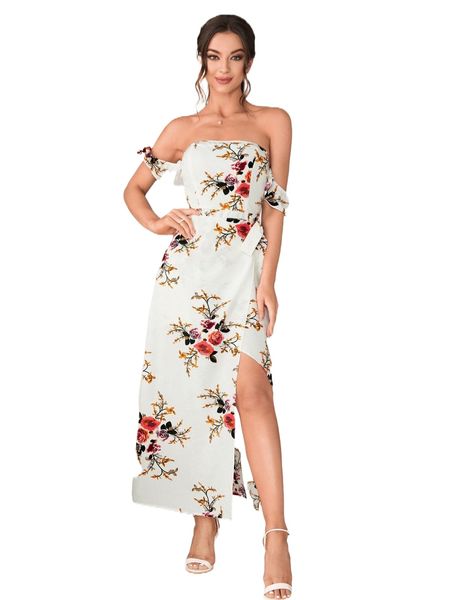 

floral print off shoulder slit thigh tie side wrap dress u8h7#, Black;gray