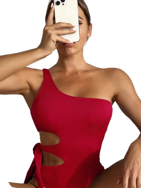 

rib cut-out one shoulder one piece swimsuit p3re#, White;black