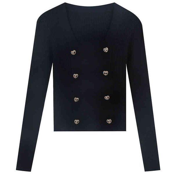 

women's sweaters french style autumn and winter solid color double breasted design, small celebrities, fragrance, slim fitting u-neck p, White;black