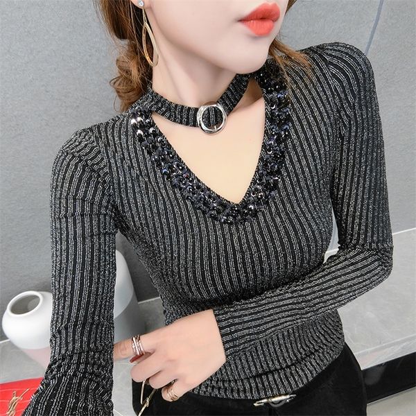 

sequins fashion european beading striped tshirt 2019 new autumn winter slim clothes camiseta mujer shiny knitwear tee t200110, White