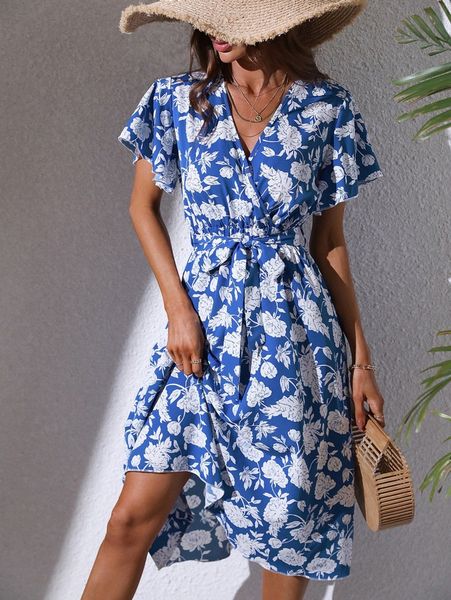 

floral print butterfly sleeve belted dress o9wn#, Black;gray