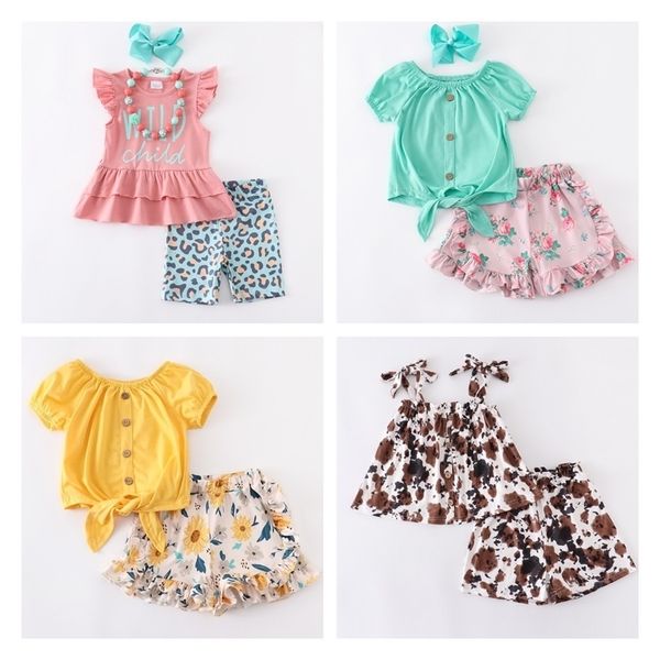 

girlymax summer baby girls children clothes shorts set leopard cow floral outfits ruffles boutique kids clothing 220509, White