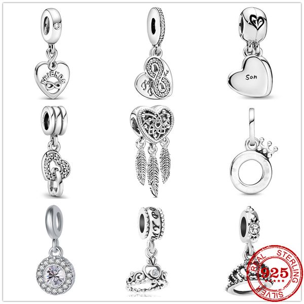 925 Silber für Pandora-Charm-925-Armband, echtes 925-Sterlingsilber, Mutter- und Sohn-Herz-Charm-Set, Anhänger, DIY feiner Perlenschmuck