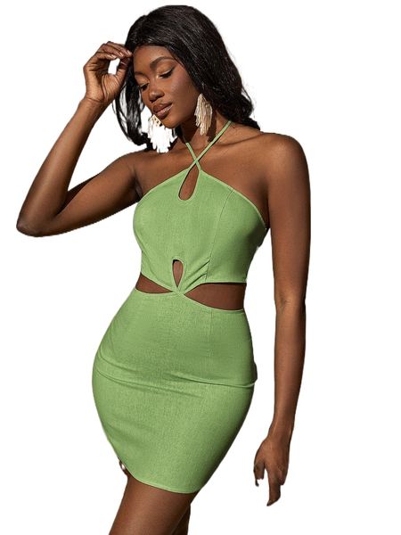 

cut out halter neck backless bodycon dress v3bm#, Black;gray