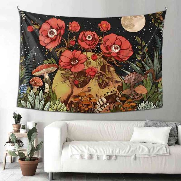 Hippie Estetica Fungo Tapestry Cute Room Decor Hanging On The Wall Bohemian Psychedelic Boho Skull Moon Garden Lace J220804