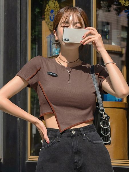 

dazy stitch trim asymmetrical hem tee m8po#, White