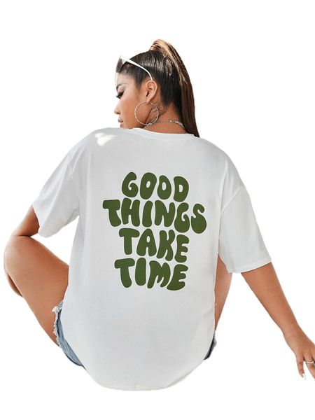 

plus slogan graphic drop shoulder tee q8gk#, Black