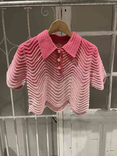 

women's t-shirt gradient short polo collar t-shirt spring / summer sleeve stripe pullover blouse women, White