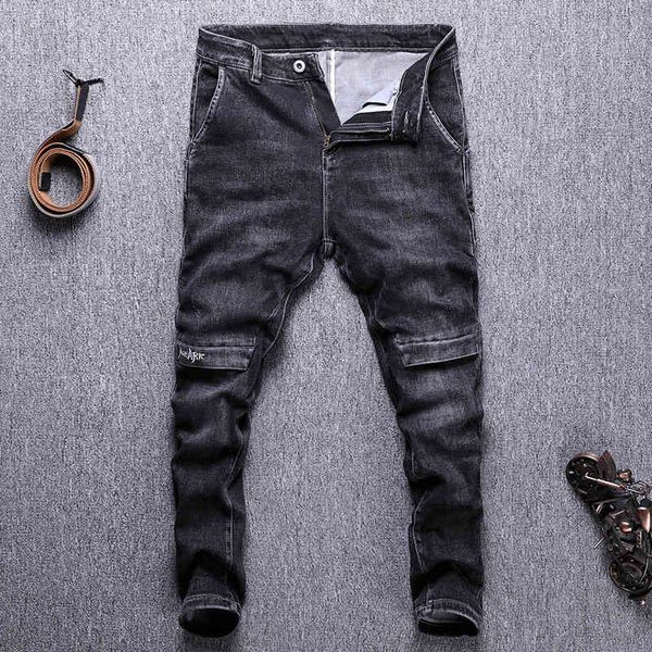 

men's jeans soft black jeans men's fashion ruffian handsome diagonal large pocket elastic embroidery slim fit pants 9hpe, Blue
