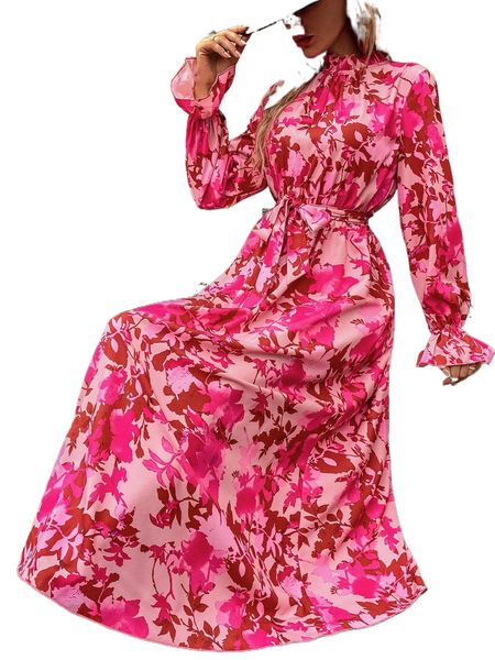 

floral print flounce sleeve belted dress 68wt#, Black;gray