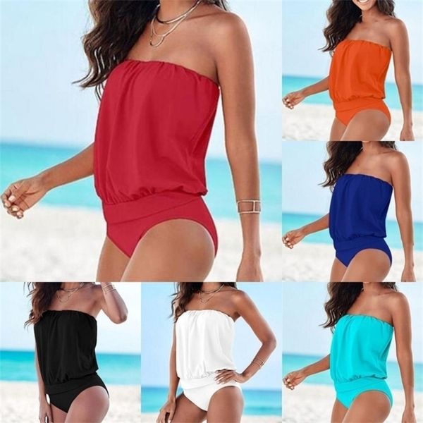 

women swimsuit beach black off shoulder strapless bandage swimwear solid female bathing bikini fused swimming suit y200824, White;black