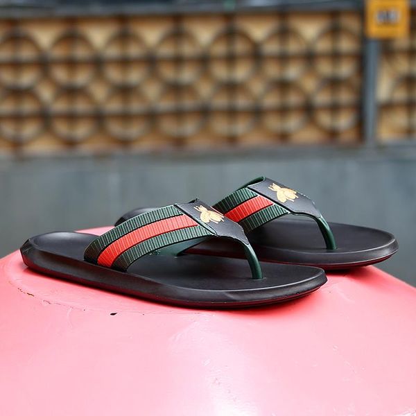 

designer luxury brand bee pattern mayari mens summer rubber slippers sandals beach slide red green stripes paris loafers beach flip flops, Black