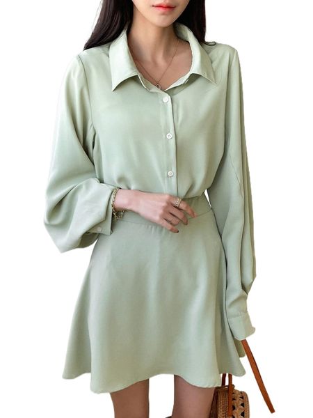 

dazy solid button front blouse & skirt 41be#, White