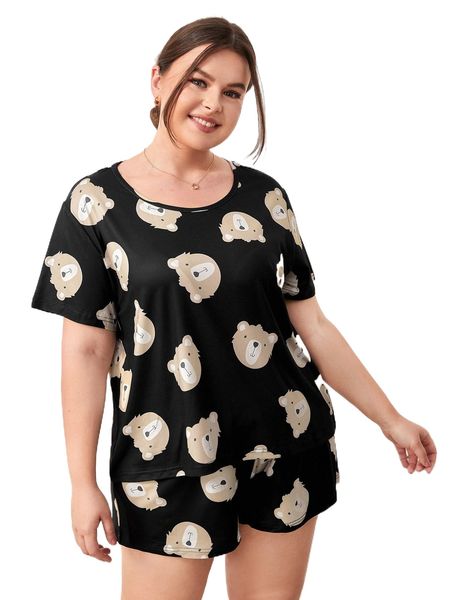 

plus bear print pajama set 153c#, Black;white